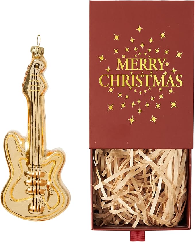 WDS WONDROUS Guitar Christmas Ornament & Decoration, 2.36” Glass Guitar Hanging Ornament Set for Xmas Tree Gold Decor Holiday Party Home Gift