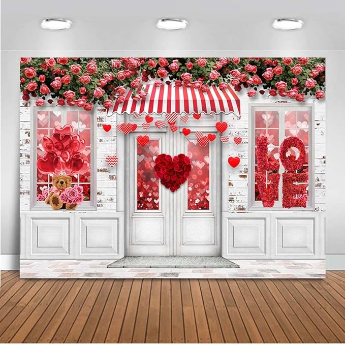 Mocsicka Valentine's Day Store Photography Backdrop Red Love Hearts Roses Rustic Brick Wall Party Decorations Floral Windo...