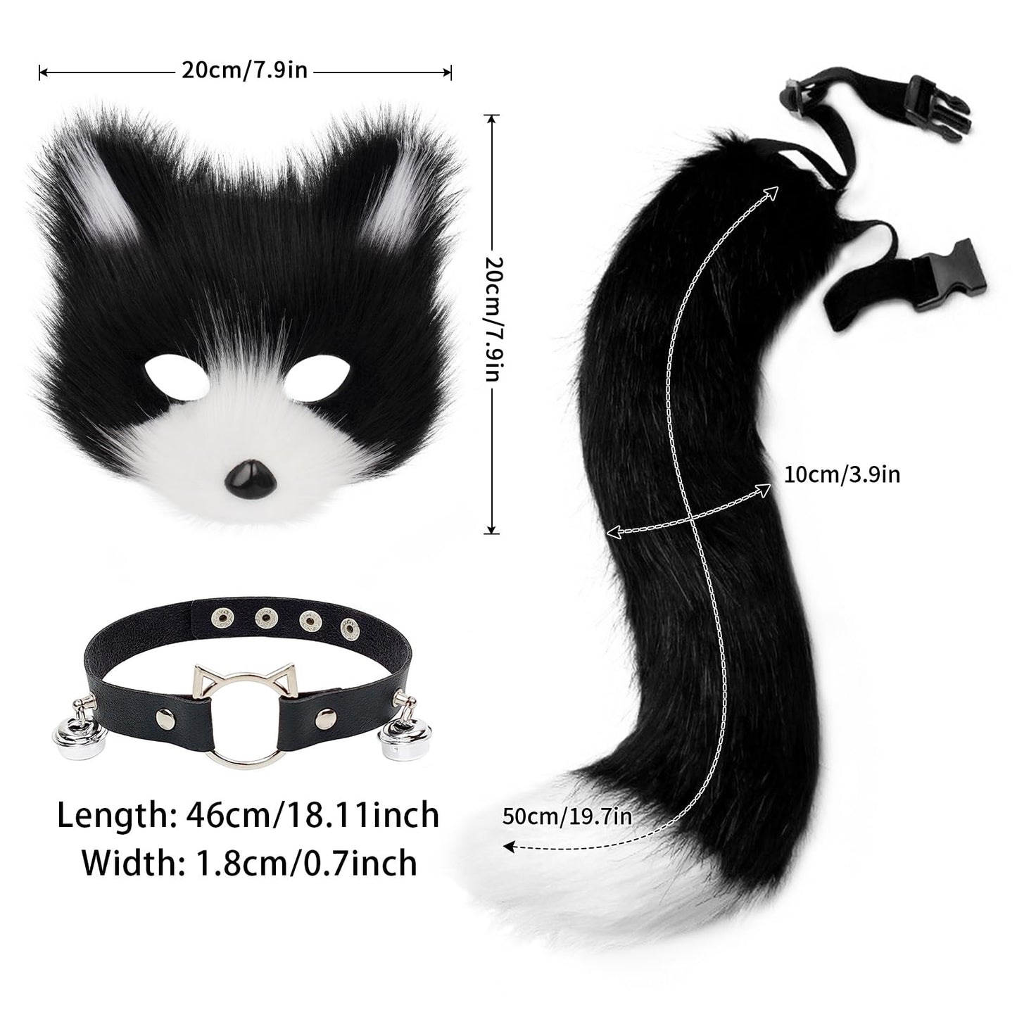 hbbhml Faux Fur Fox Mask Wolf Cat Fluffy Tail and Leather Necklace Set Halloween Party Cosplay Costume Accessory