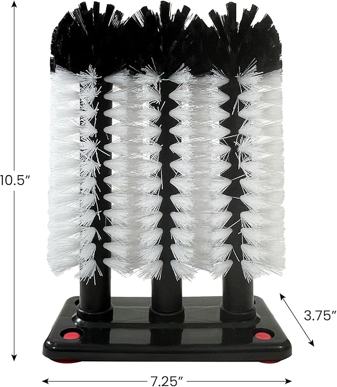 Water Bottle Cleaning Brush - 3 Brush Bar Glass Cleaner - Brushes for Large Cups Glasses and Bottles - Suction Cups for Stable Grip on Sink, Bar and Kitchen Top - Includes Cleaning Cloth