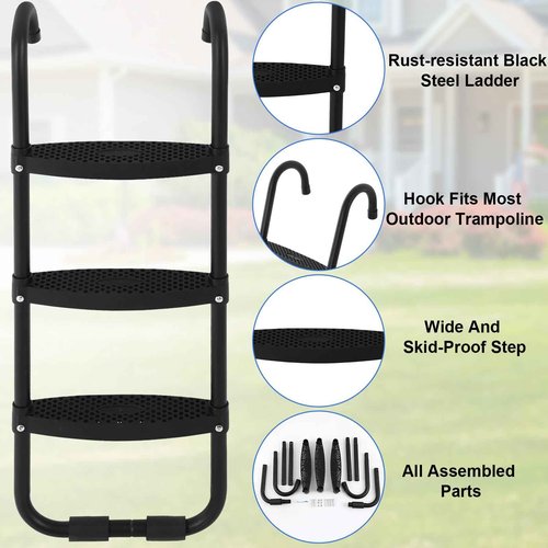 Gemscream Trampoline Accessories Kit, 3 Step Trampoline Steps 72ft 200 LED Lights 4 Stakes with 4 Belt, T Shaped Hooks, 39.4ft Sprinkler Basketball Hoop Dartboard