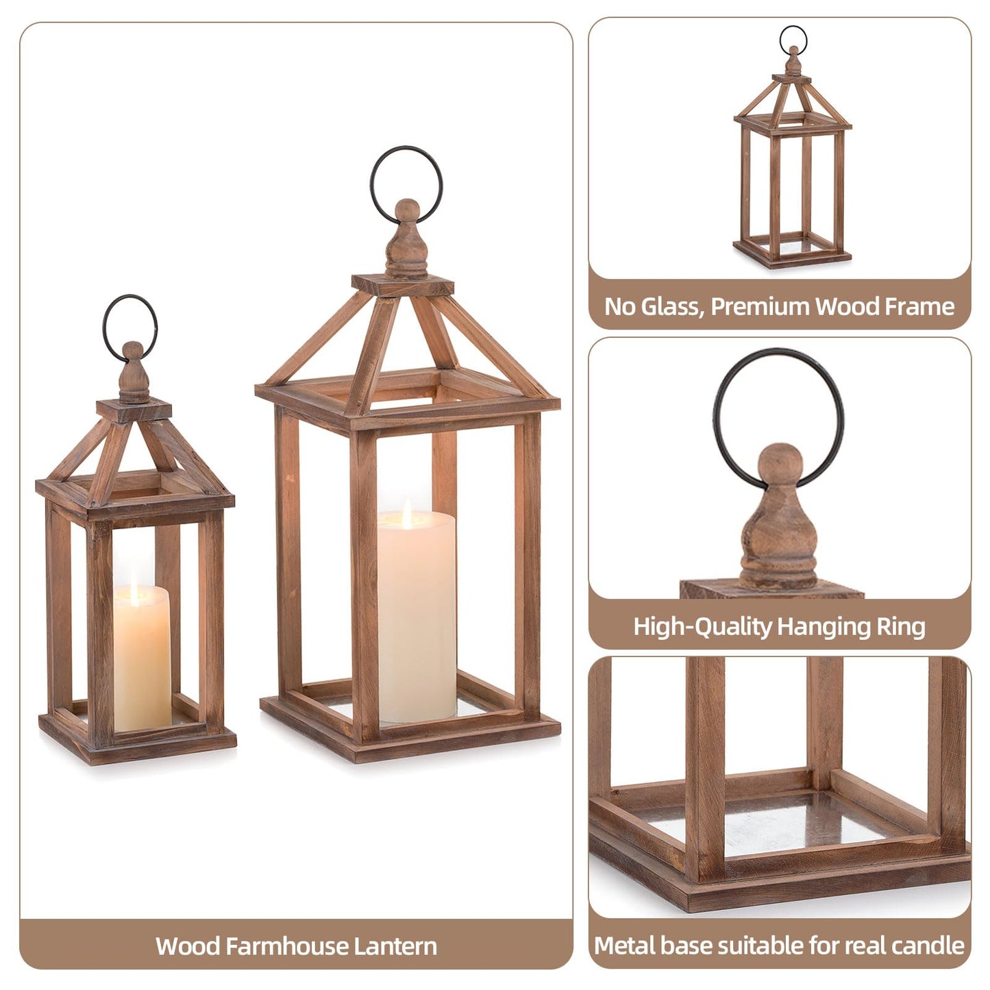 Staymoment Wooden Lanterns Decorative Indoor Set of 2: Hanging Farmhouse Lantern Candle Holder for Table Centerpiece Fireplace Mantle Shelf Home Decor Wedding Decoration