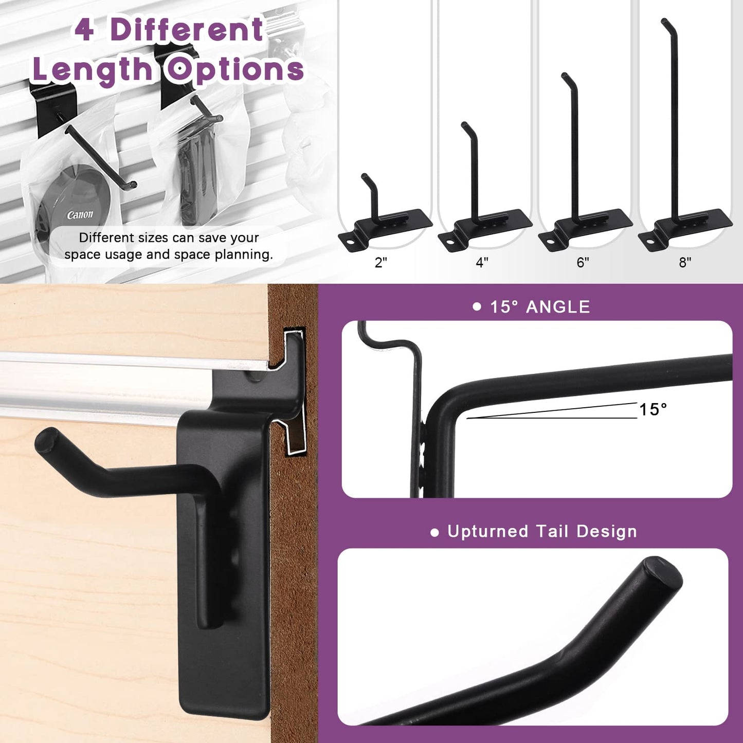 Swpeet 20Pcs 4 Inch Heavy Duty Slatwall Hooks Assortment Kit, Slatwall Accessories Slatwall Panel Hooks Garage Organization Slat Wall Hooks Pegboard Gridwall Hooks Display Hooks for Retail Black