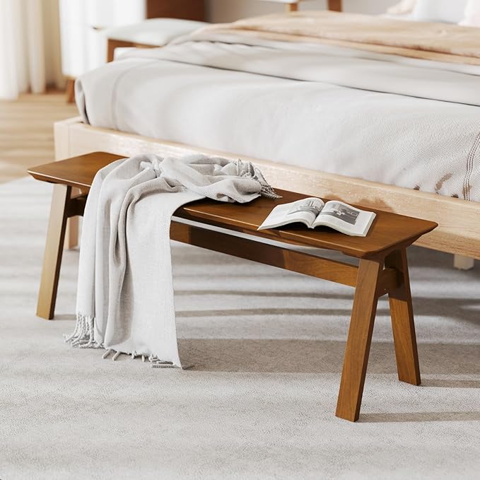 DUOMAY Solid Wood Long Dining Bench, 47" Wide Farmhouse Bench with A-Shaped Legs Mid Century Modern Entryway Bench Shoe Bench for Hallway End of Bed, Walnut Color