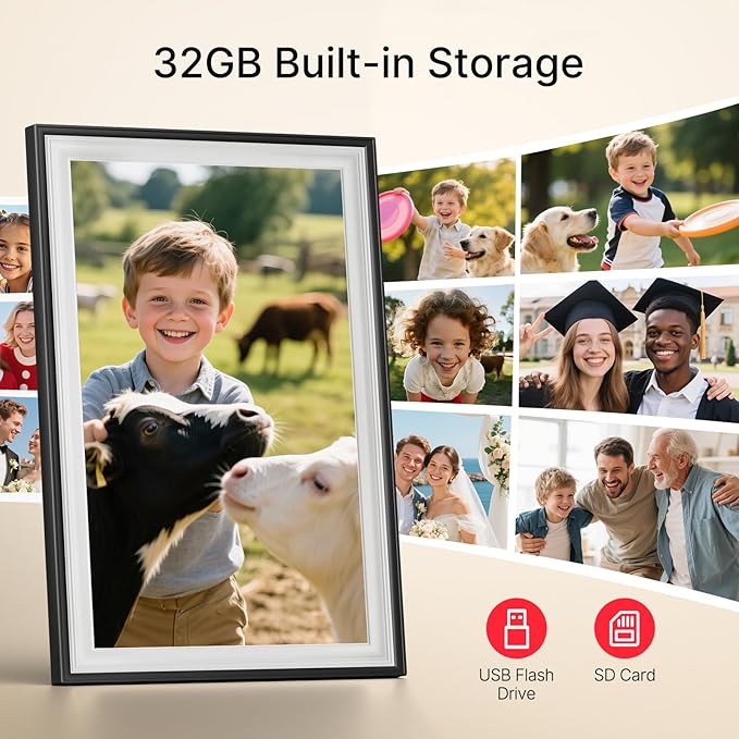 Frameo 10.1" Digital Picture Frame, Smart WiFi Digital Photo Frame with 1280x800 HD IPS Touch Screen 32GB Storage Auto-Rotate Wall Mounted, Share Photos/Videos from Phone Anywhere(Black&White)