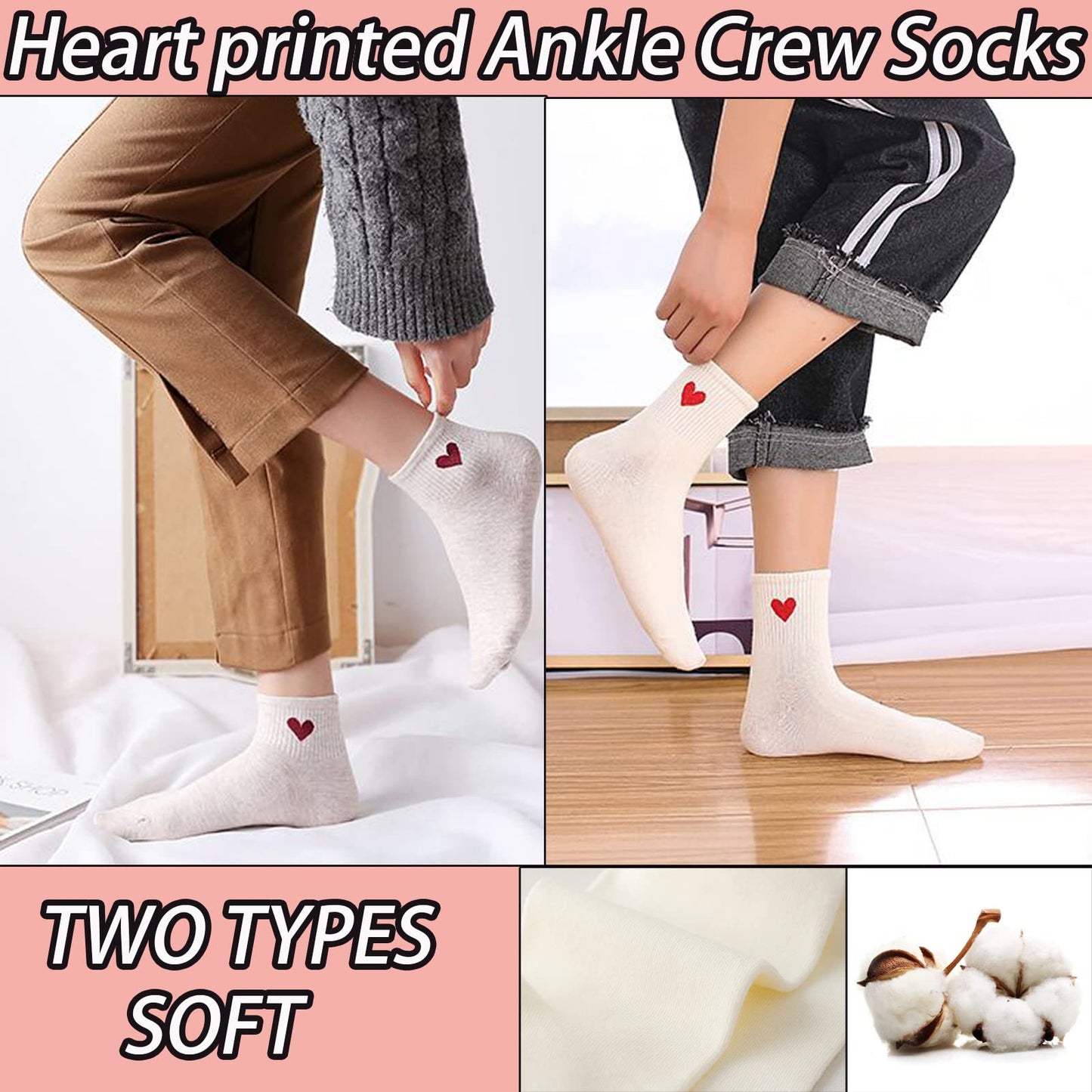 CHUNFO Cute Heart White Red Ankle Women Socks Frilly Fun Bear Pattern Long Crew Novelty Aesthetic Girls Sock 4 & More Pairs
