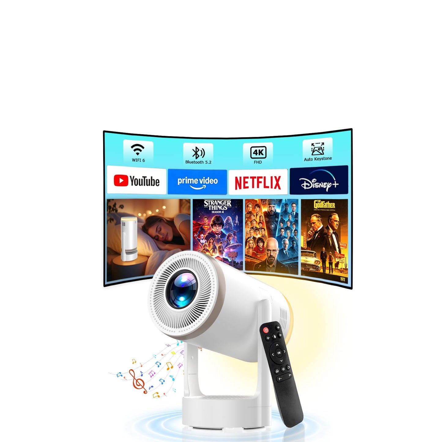 [Built-in Apps] 2-in-1 Portable Projector & LED Night Light, Smart Projector with WiFi and Bluetooth, Supports 4K/1080P, Electric Focus/Enhanced Speaker, Home Movie Projector for Bedroom