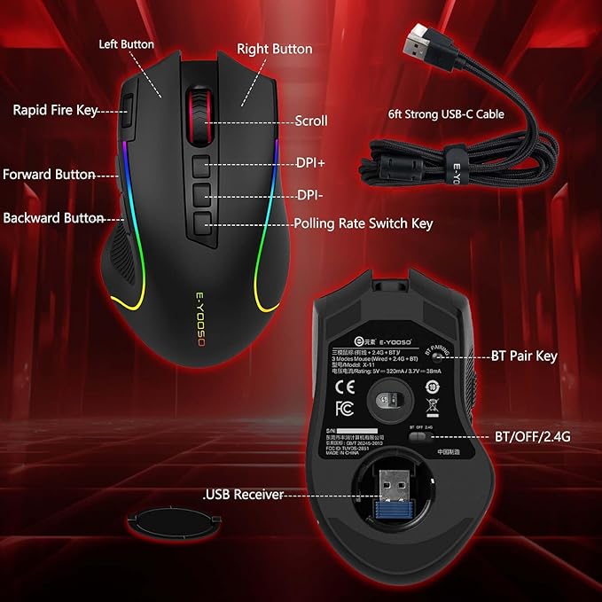 Premium Wireless Bluetooth Versatile Mouse,8000 DPI,6 RGB Backlit,USB C Rechargeable,Ergonomic,2.4G/BT/Wired,Rapid Fire Key,75-Hour Power Capacity,Ideal For Gaming/Office/Home/PC Computer/Laptop/Mac
