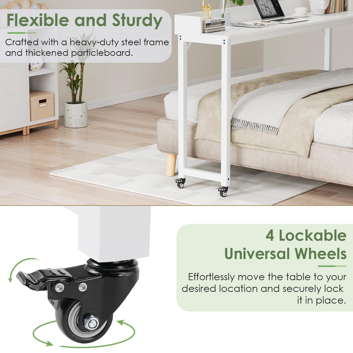 Arlopu Overbed Table with 360° Wheels, Queen Size Mobile Bed Desk with Heavy Duty Metal Leg, Sturdy Laptop Cart & Dining Table for Bedroom, Living Room, Hospital Use (White)