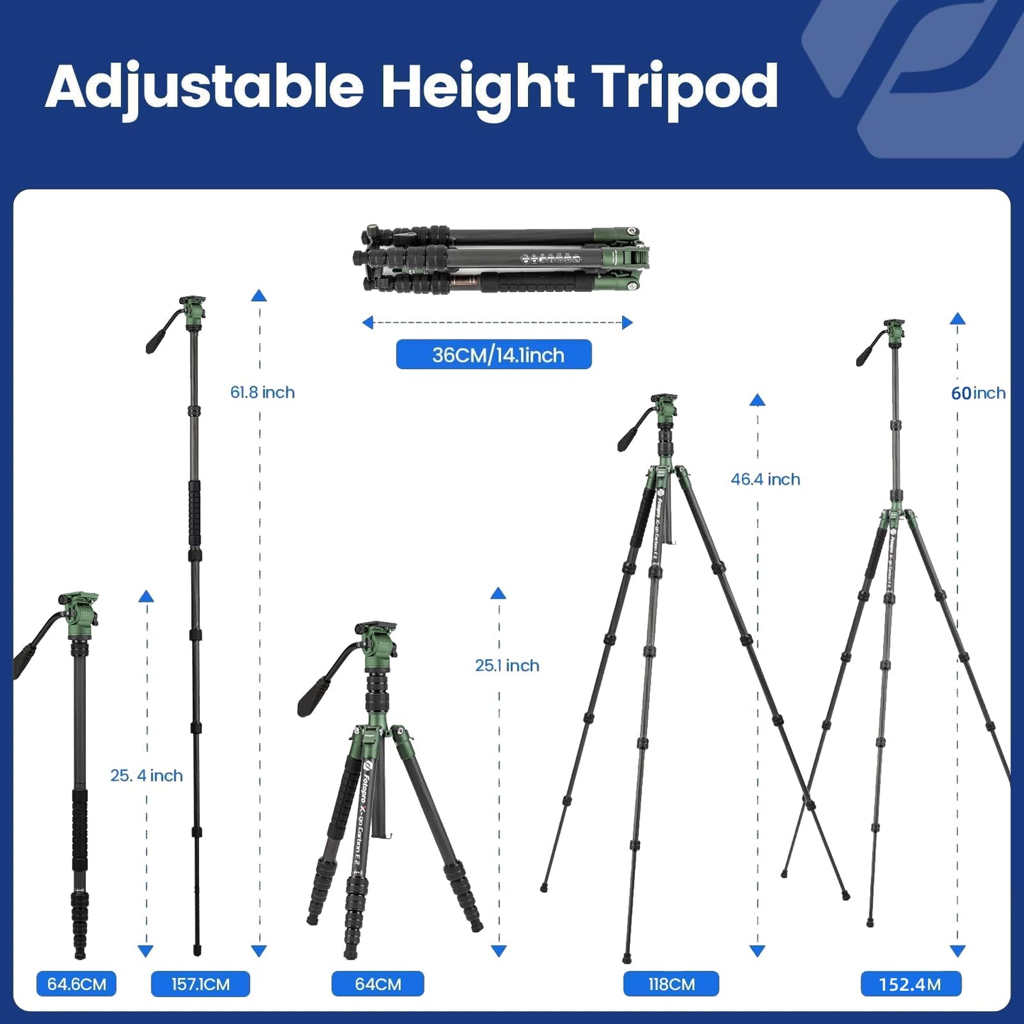 Fotopro 62" Carbon Fiber Camera Video Tripod, 2.3lbs Lightweight Travel Compact Tripods with Fluid Head, Detachable Monopod with Arca-Swiss Quick Release Plate, Load up to 11lbs,Compatible with DSLR
