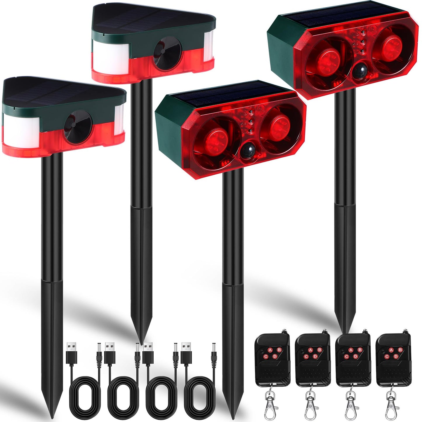 Qualirey 4 Pack Solar Outdoor Ultrasonic Mouse Repellent Animal Deterrent With Alarm Strobe Light Remote Control 129Db Loud Nois