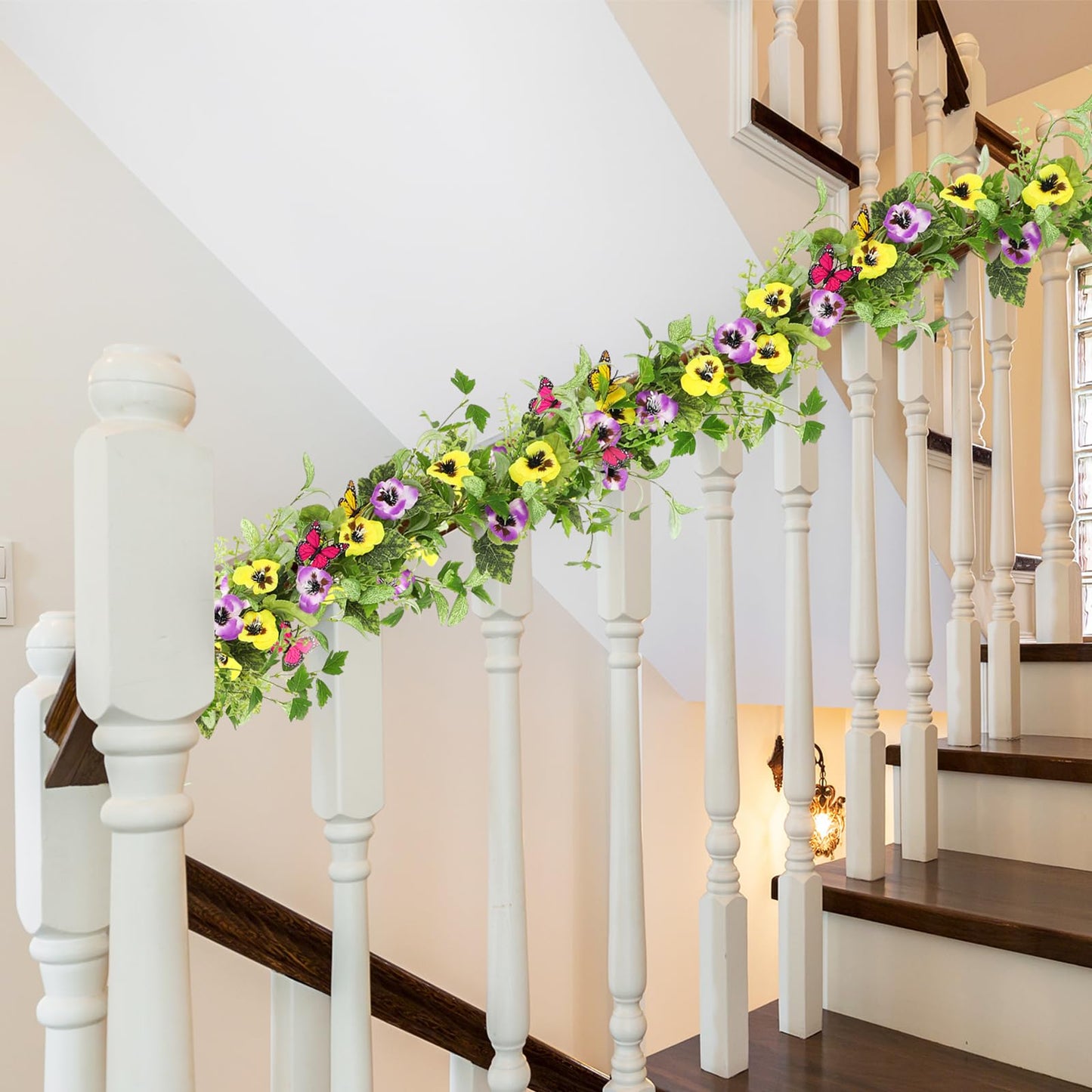 XunYee 2 Pcs 6 ft Artificial Summer Flower Garland for Mantle Pansy Flower Butterfly Eucalyptus and Ivy Leaves Wreath Garland for Farmhouse Home Stairs Fireplace Summer Indoor Decor