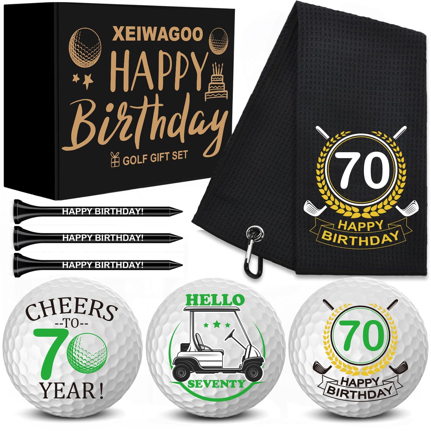 Xeiwagoo 70th Birthday Gifts for Men,3 Pack Personalized Happy Birthday Golf Balls, Absorbent Towel & 3 Tees, Unique Golf Gift Set for Men, Golfers, Dad, Mom, Grandpa, Grandma, Husband-70th