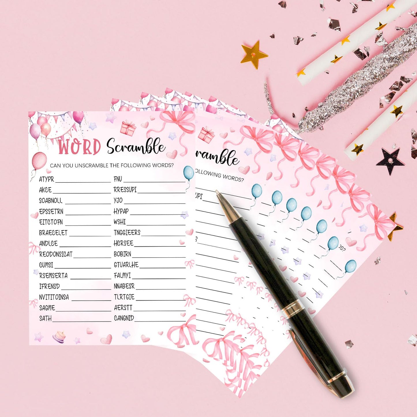 Coquette Pink Bow Themed Sleepover Slumber Party Supplies-Pink Slumber Party Games Card - Sleepover Stuff- Birthday Night Games Creative Idea -Word Scramble- 20 Game Cards and 2 Answer Key