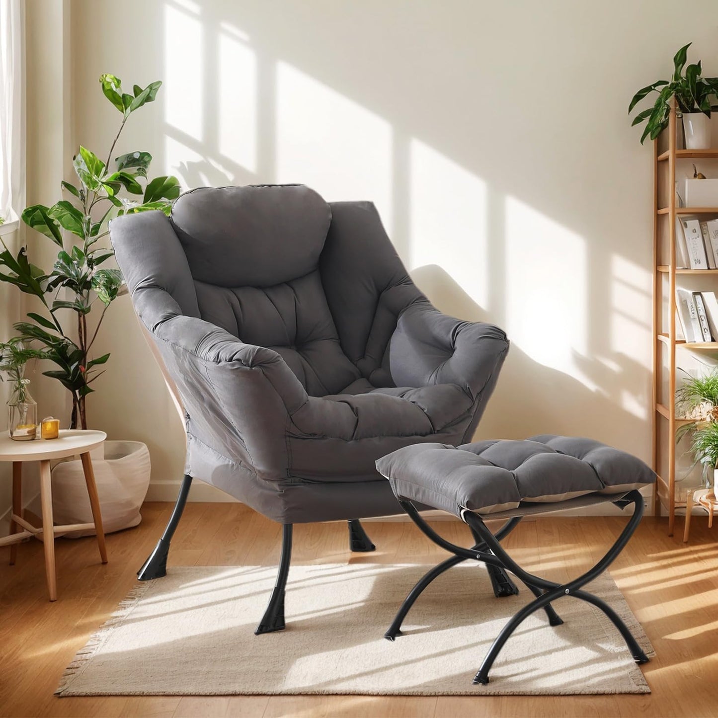 HomEastlly Lazy Chair with Ottoman, Reading Armchair with Armrests and Footrest, Large Modern Lounge Accent Chair with Ottoman, Leisure Sofa Chair for Living Room, Bedroom, Dorm Room (Dark Grey)