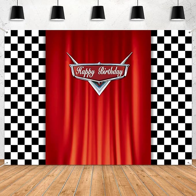Celchvens Car Racing Happy Birthday Backdrop Decoration Black White Grid Red Curtain Background Car Themed Party Banner fo...