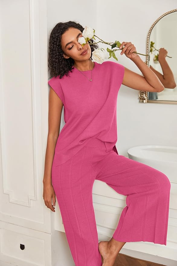 Ekouaer Lounge Sets for Women Two Piece Outfits Knit Cap Sleeve Tops Wide Leg Pleated Pants Casual Dressy Sweater Sets