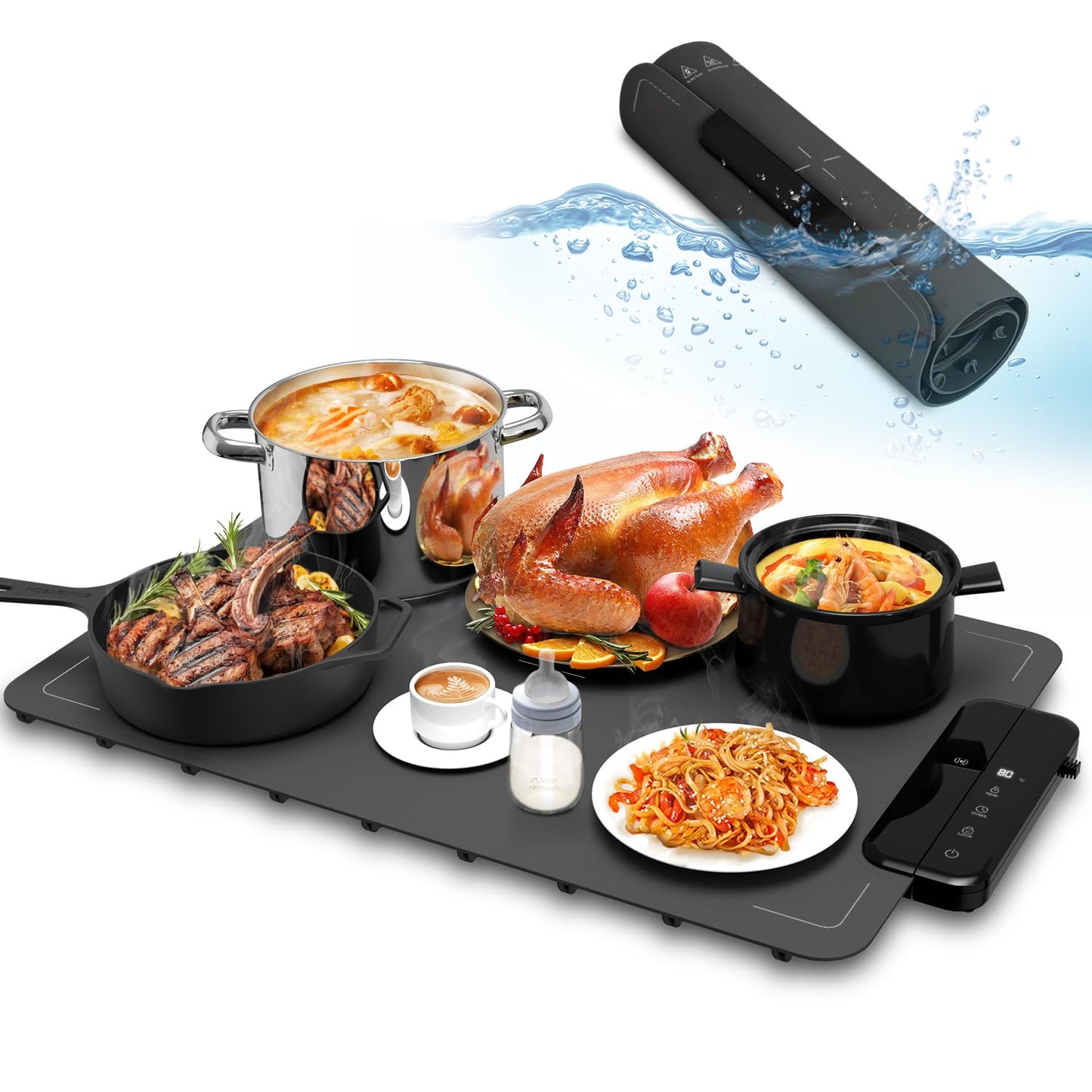 Electric Warming Mat for Food, ZAPLIT 24''x16 Washable Silicone Warming Tray with 6 Temp Settings, 6 Timers, Child Lock, and Auto Standby — Food Warmer for Buffet, Family Gathering, and Party (Grey)