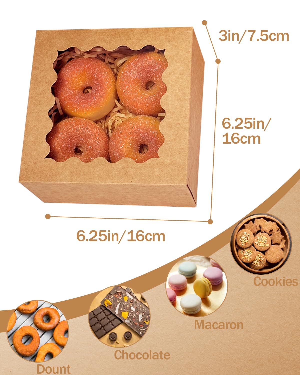 qiqee Auto-pop up 6x6x3 Inch Brown Cookie Box with Window 30Pcs Pastry Macaron Bakery Box For Packaging