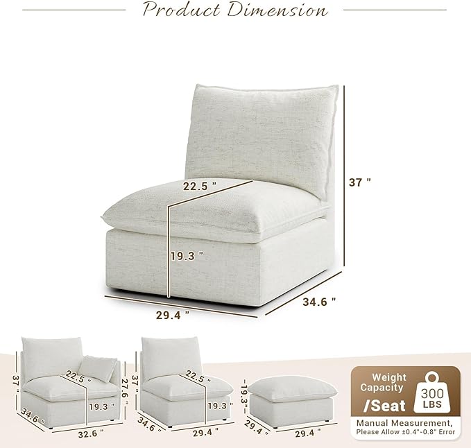 Forest aesthetics Cloud Modular Sectional, Middle Waterproof High Backrest Sectional Sofas,Down Filled Modular Couch with Removable Washable Cover for Living Room,Cream White