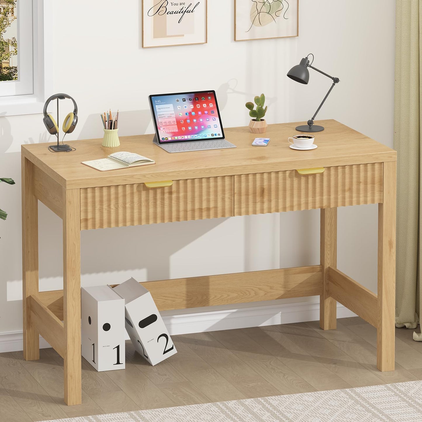 YOMILUVE Fluted Computer Desk with 2 Drawers, 39 Inch Small Computer Desk with Power Outlets, Compact Writing Study Desk for Small Spaces