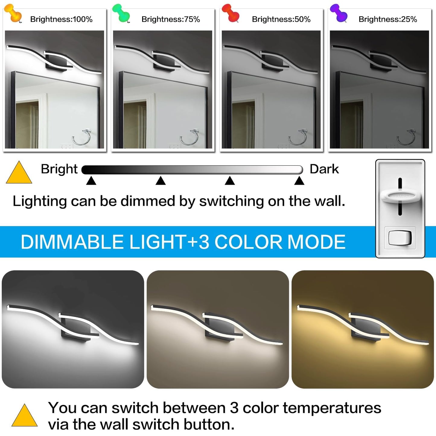 PRESDE 32inch LED Vanity Light Modern Bathroom Light Fixtures Over Mirror Matte Black Bath Wall Lighting Bar Dimmable 3 Colors Changeable