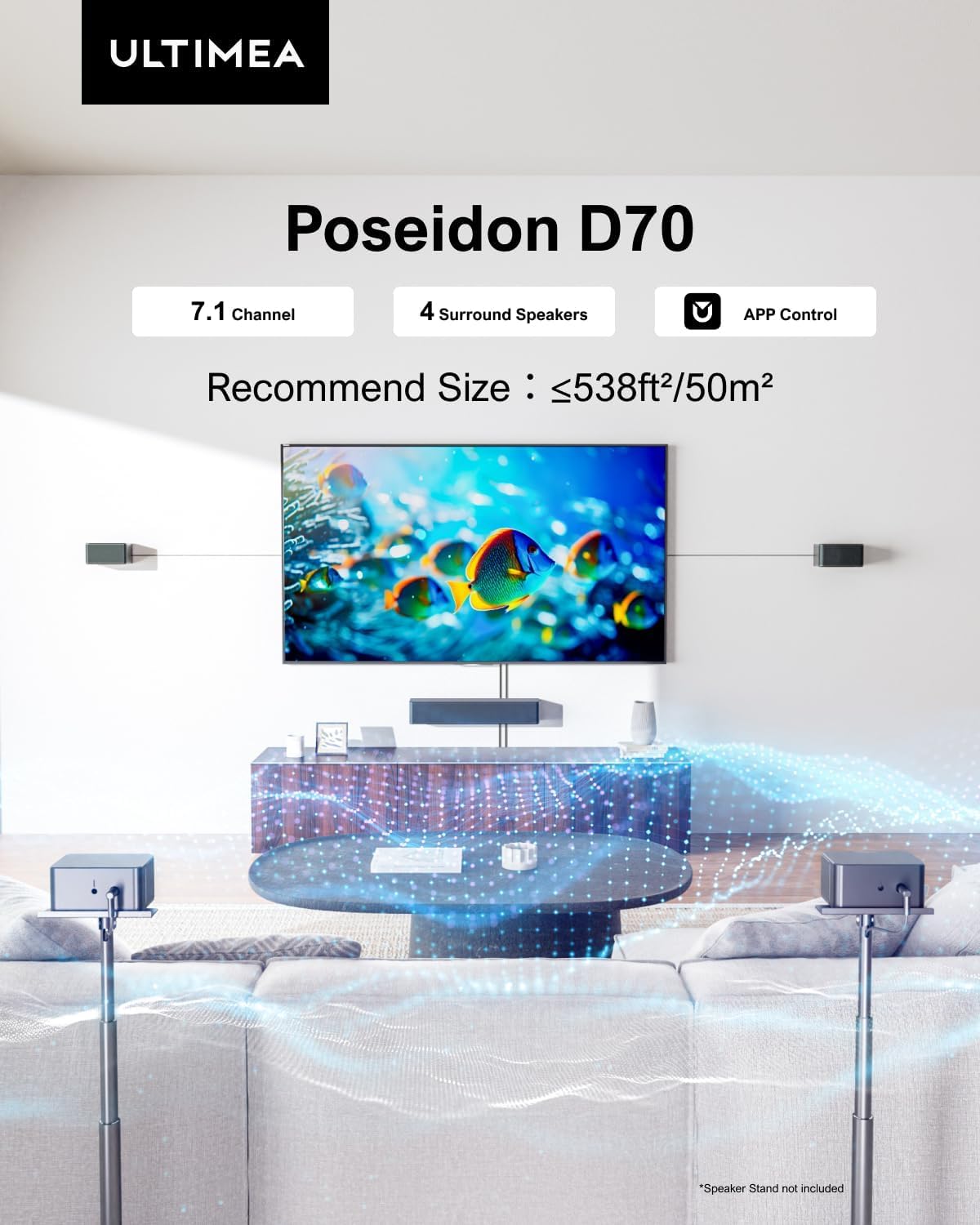 ULTIMEA 7.1ch Sound bar with Wireless Subwoofer, Virtual Surround Sound System for Smart TV, 4 Wired Surround Speakers, 410W Peak Power, App Control, Home Theater Sound System Poseidon D70, 2025 Model