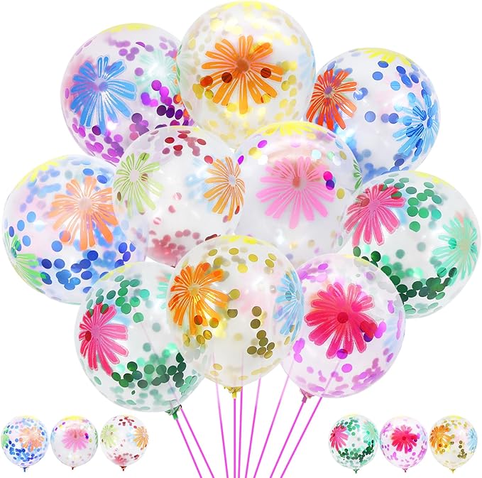 50 Pieces Flower Print Confetti Balloons 12 Inch Colorful Clear Floral Latex Balloon with Balloon Holder Sticks Spring Sum...