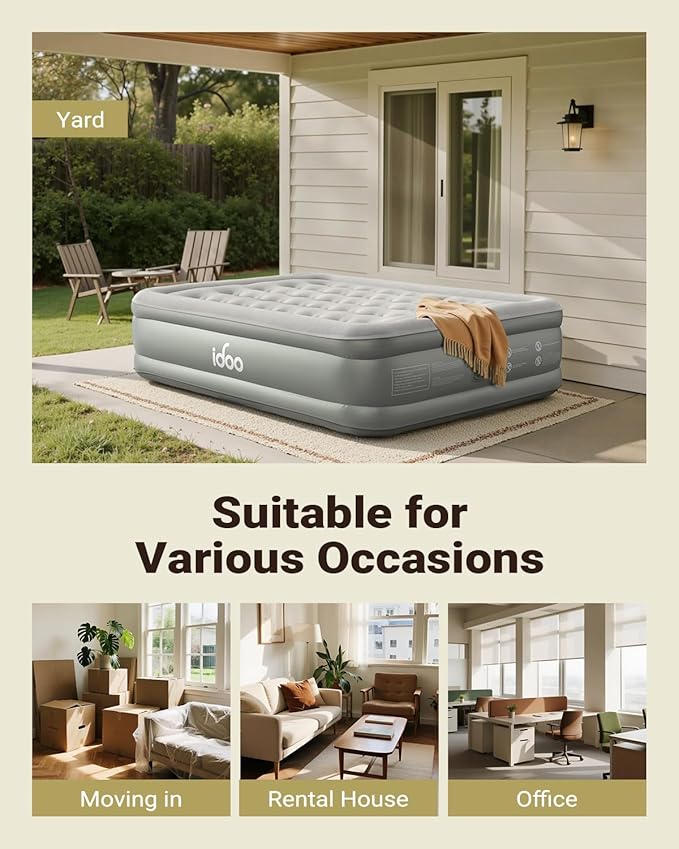 iDOO Air Mattress Queen with Built in Pump, 18 Raised Comfort Inflatable Blow up Mattress, Upgraded Four Chamber Portable Air Bed for Guests and Home, Colchon Inflable, 650 lbs Max