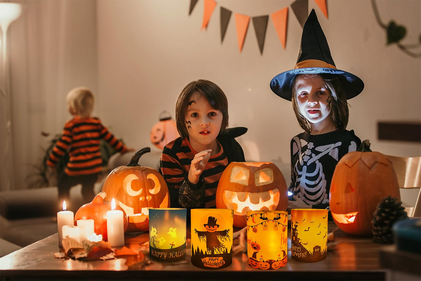 Happy Halloween Table Decor, 8 Sets Halloween Table Centerpiece Decorations, Tea Lights Votive Candles Holders for Tabletop, Candle Sleeve Shade Cover for Home, Room, Indoor, Office Use