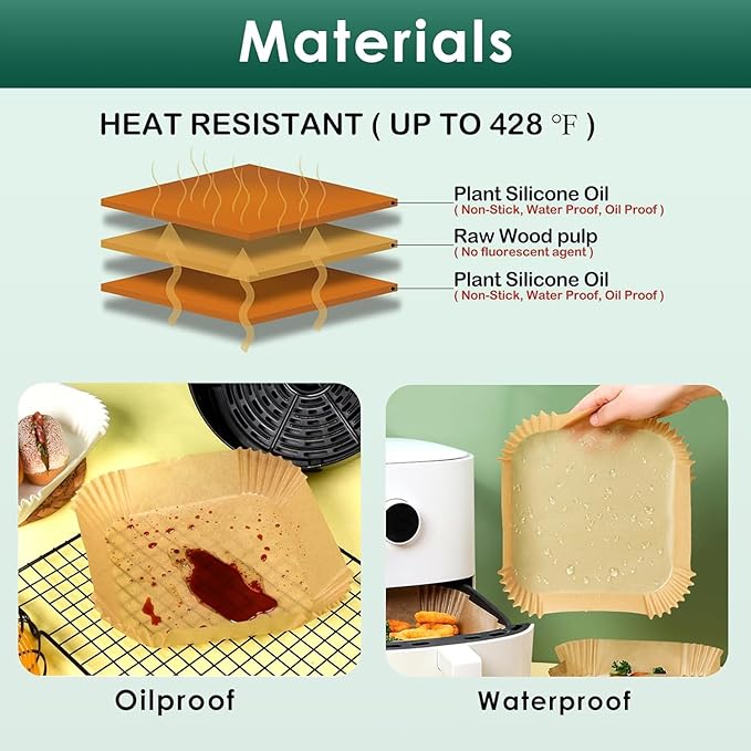 400 Pcs Air Fryer Paper Liners, 6.5" Square Air Fryer Liners Disposable, Heavy-Duty Parchment Paper for 2-4 qt Airfryer Basket, Non-Stick & Grease-Proof Baking Liner for Oven Pan