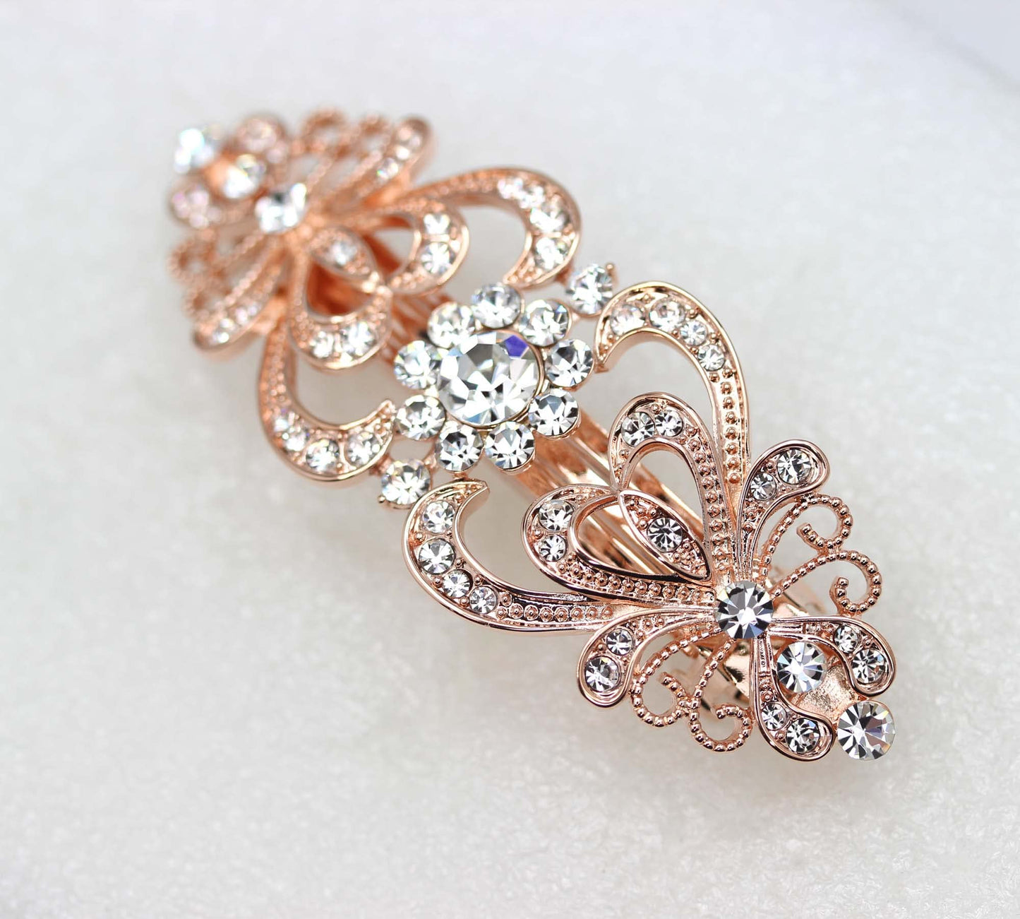 Faship Clear Crystal Rose Gold Plated Hearts And Floral Hair Barrette