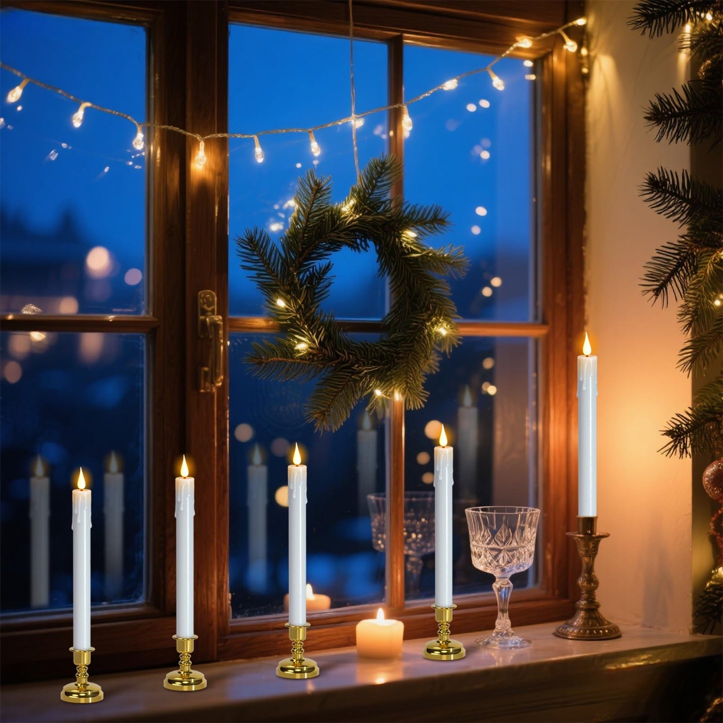 DRomance Christmas Flameless Window Taper Candles Battery Operated with Remote and Timer, 6 Pack White Plastic Dripping LED Flickering Candles with Suction Cups Holiday Indoor Decor(Gold Holders)