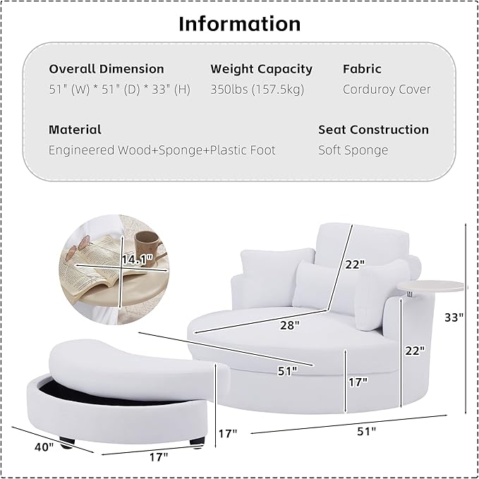 Yoglad Oversized Round Swivel Accent Chair - 360 Degree Chairs with Ottoman Armrest Tray Ideal for Living Room, Bedroom(Corduroy White)