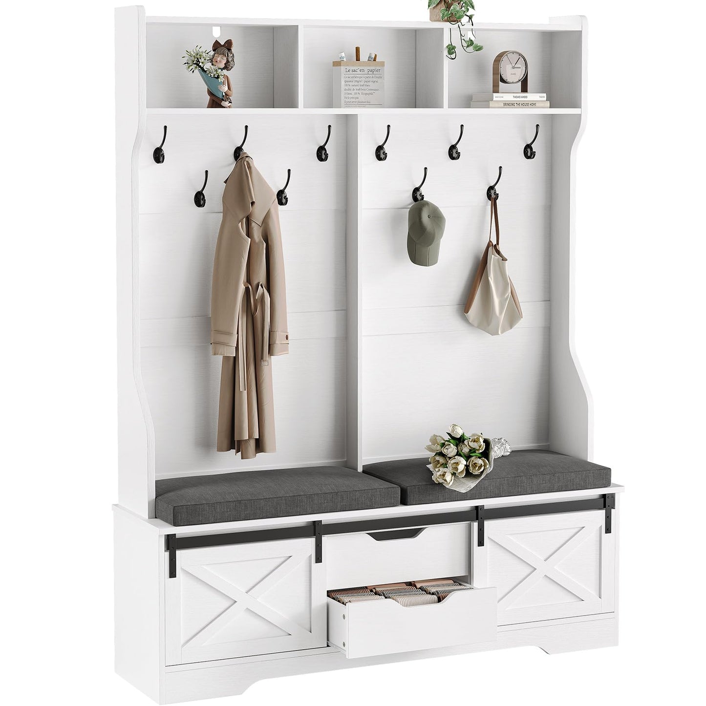UPOSOJA Hall Tree with Bench and Shoe Storage, Entryway Bench with Coat Rack, Modern Farm House Barn Door 3-in-1 Hall Tree with Storage Cushioned Stool and Hooks for Hallway, Living Room (60IN)