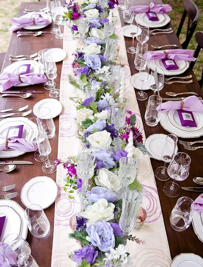 DearHouse 2Pack Artificial Peony Flower Garland - Silk Peony Garland with Purple White Flowers for Wedding Party Table Decoration,6ft/Strand(White&Purple&Dark Purple)