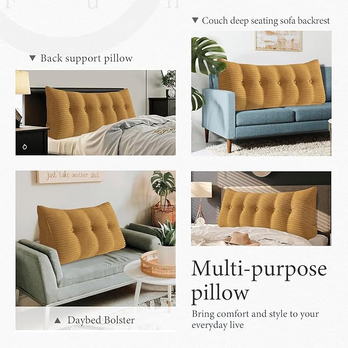 Wedge Headboard Pillow Dorm Room Reading Pillow Back Support for Sitting Up in Bed Bolster Lumbar Cushion Body Positioning Bedrest Corduroy (Khaki, King (76 * 8 * 20in))