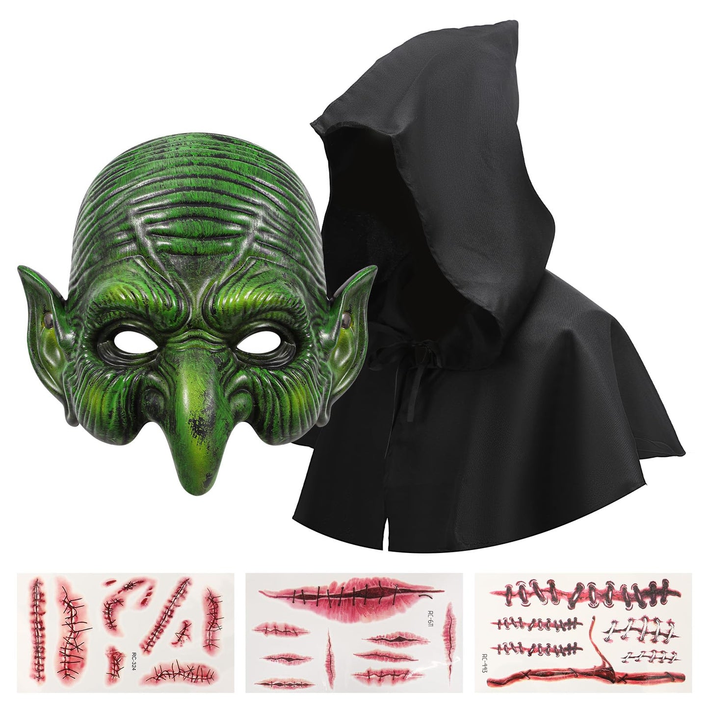 YUIQPKJX Old Witch Mask Adult Scary Masks Goblin Costume Accessory with Hood Sticker Halloween Mardi Gras Men Women Cosplay Props