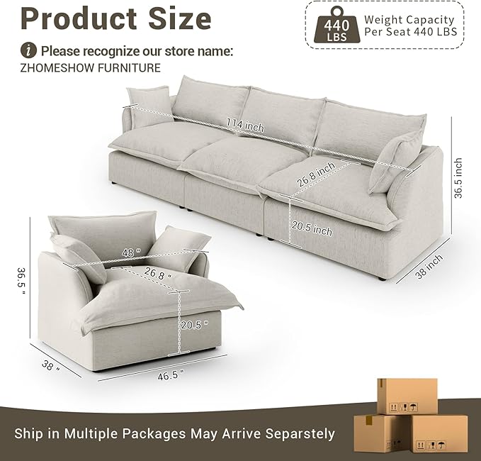 Lopzeho 114” Oversized Modular Sectional Sofa, Comfy Down Fill Cloud Couch, 3 Seater Modular Sofa Couch with One Single Seat, Convertible Sectional Couches for Living Room, Linen, Light Gray