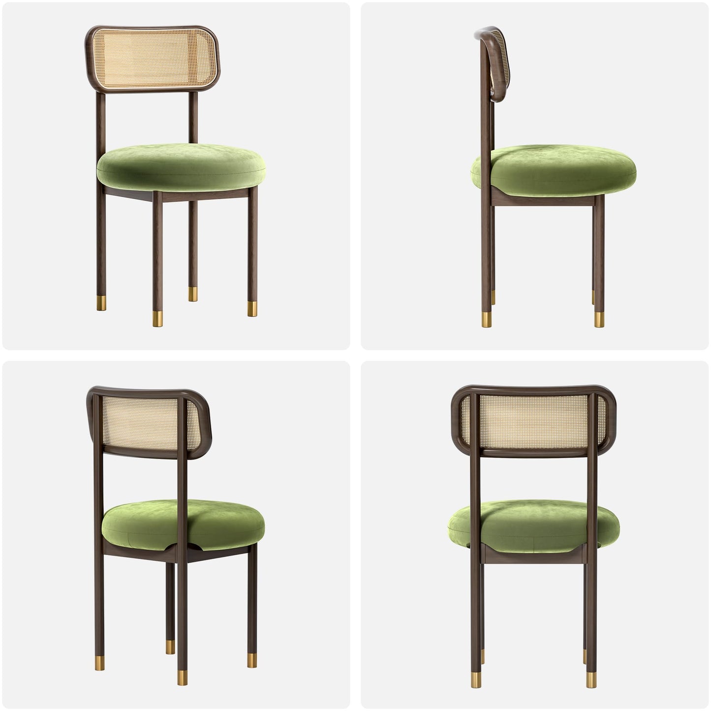 HoeuThien Upholstered Rattan Dining Chairs Set of 4, Mid Century Modern Kitchen Chairs with Curved Back and Solid Wood Legs Armless Accent Chair for Living Room Bedroom Restaurant, Walnut/Green Velvet
