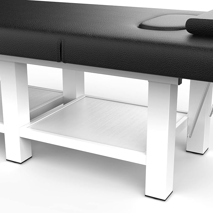 Stationary Massage Table with Backrest and Storage Space, 6 Square Legs Metal Frame PU Leather, 31.5'' Wide × 75'' Long for Treatment Table Physical Therapy Table Spa Facial Bed, Black