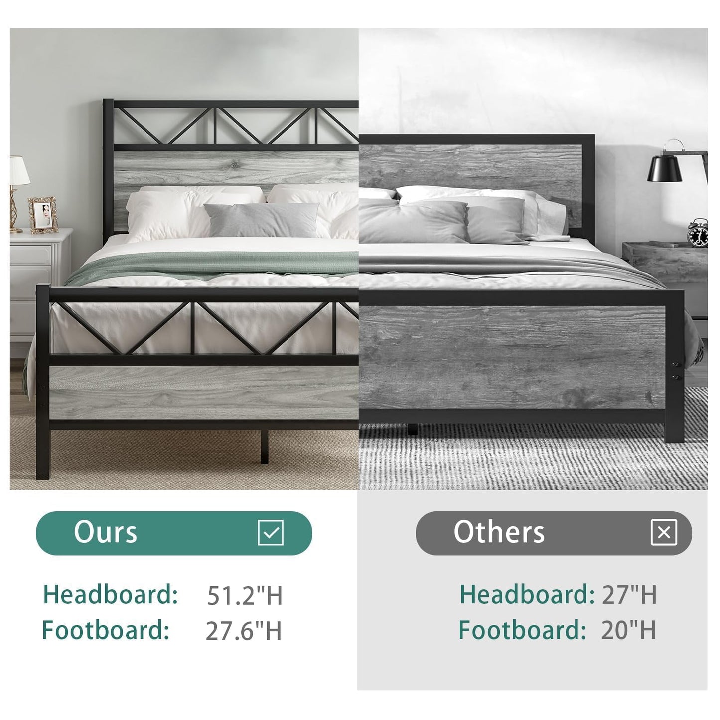 CHABUILDREARK Queen Bed Frame with Headboard, Industrial 51.2" Tall Headboard, Queen Platform Bed Frame with Heavy Duty Metal Slats Support, No Box Spring Needed, Noise-Free, Easy Assembly, Wash Grey