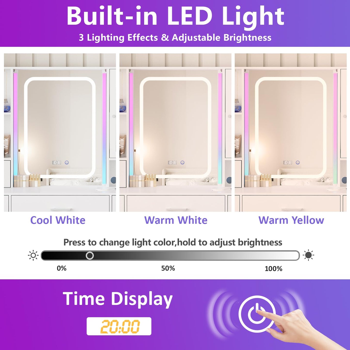 Fameill White Vanity Desk with Mirror,Makeup Vanity with RGB Lights & Power Strip,Makeup Desk Vanity Table with 5 Drawers Lots Storage & Time Display,3 Lighting Modes LED Lighted Mirror,41.3in(L)