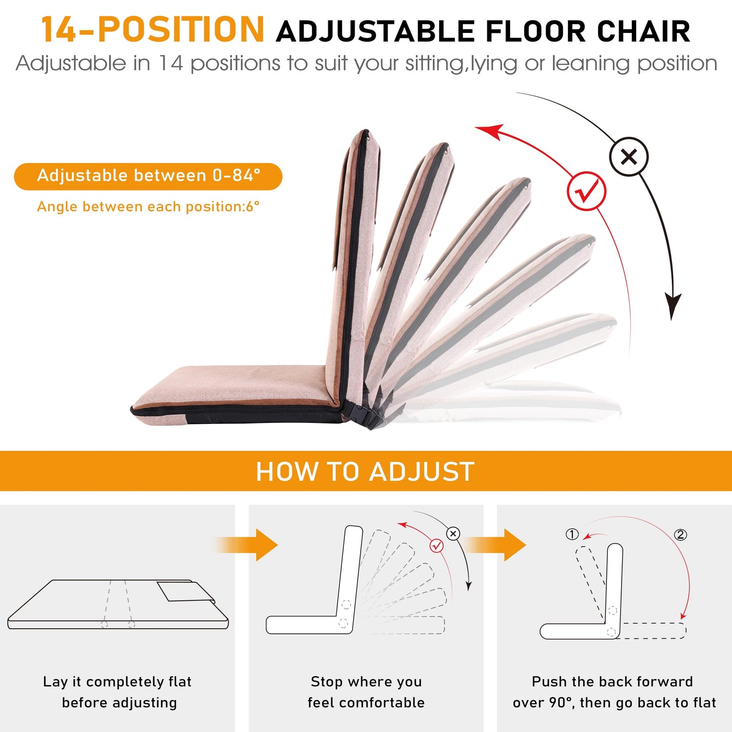 FASTMOMENT Adjustable Floor Chair with Back Support - 14-Position Portable Foldable Meditation Chair for Adults & Kids - Japanese KOYO Bearings & Washable Linen Cover (Coffee)