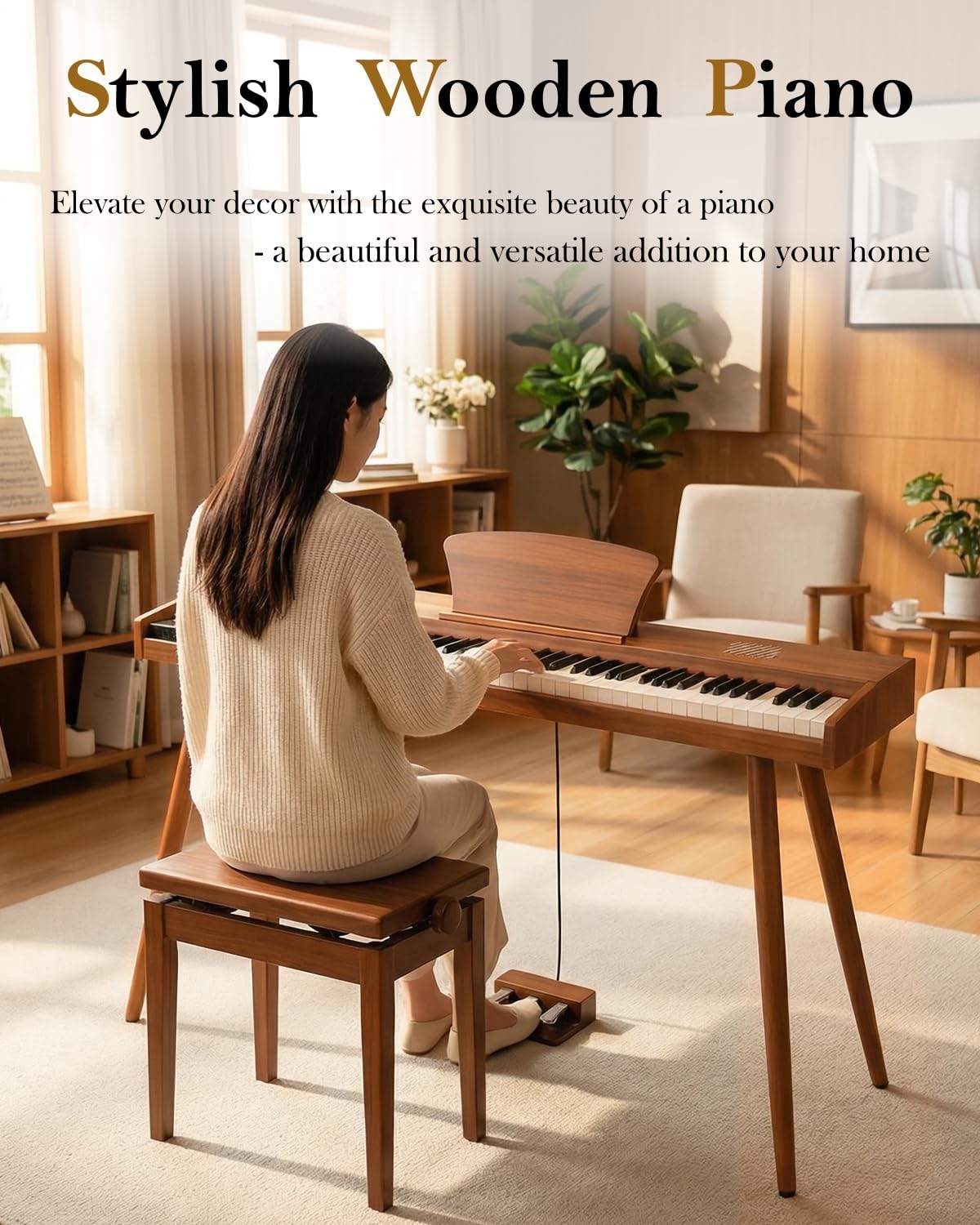 Longeye Digital Piano 88 Keys Wood Piano Keyboard Semi Weighted Electric Piano for Beginners and Professionals with Triple Pedal, Headphone, Music Rest Support MIDI Connection MOOD Walnut