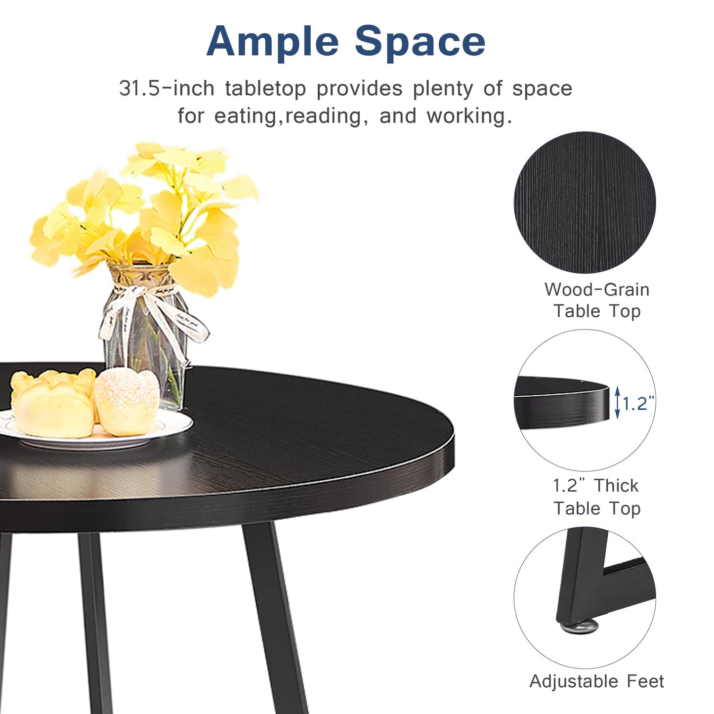 VECELO Small Round Dining Table Set for 2, Heavy-Duty Metal Frame & Upholstered Chair for Breakfast Nook, Kitchen, and Small Space, Black