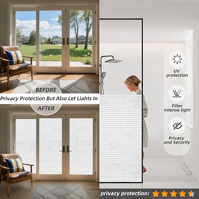 Frosted Glass Window Privacy Film Decorative, Bathroom Window Privacy Film for Glass Windows Cover, Static Cling, Removable, Reusable, Anti-UV, Heat Blocking, with Tools 17x78inch