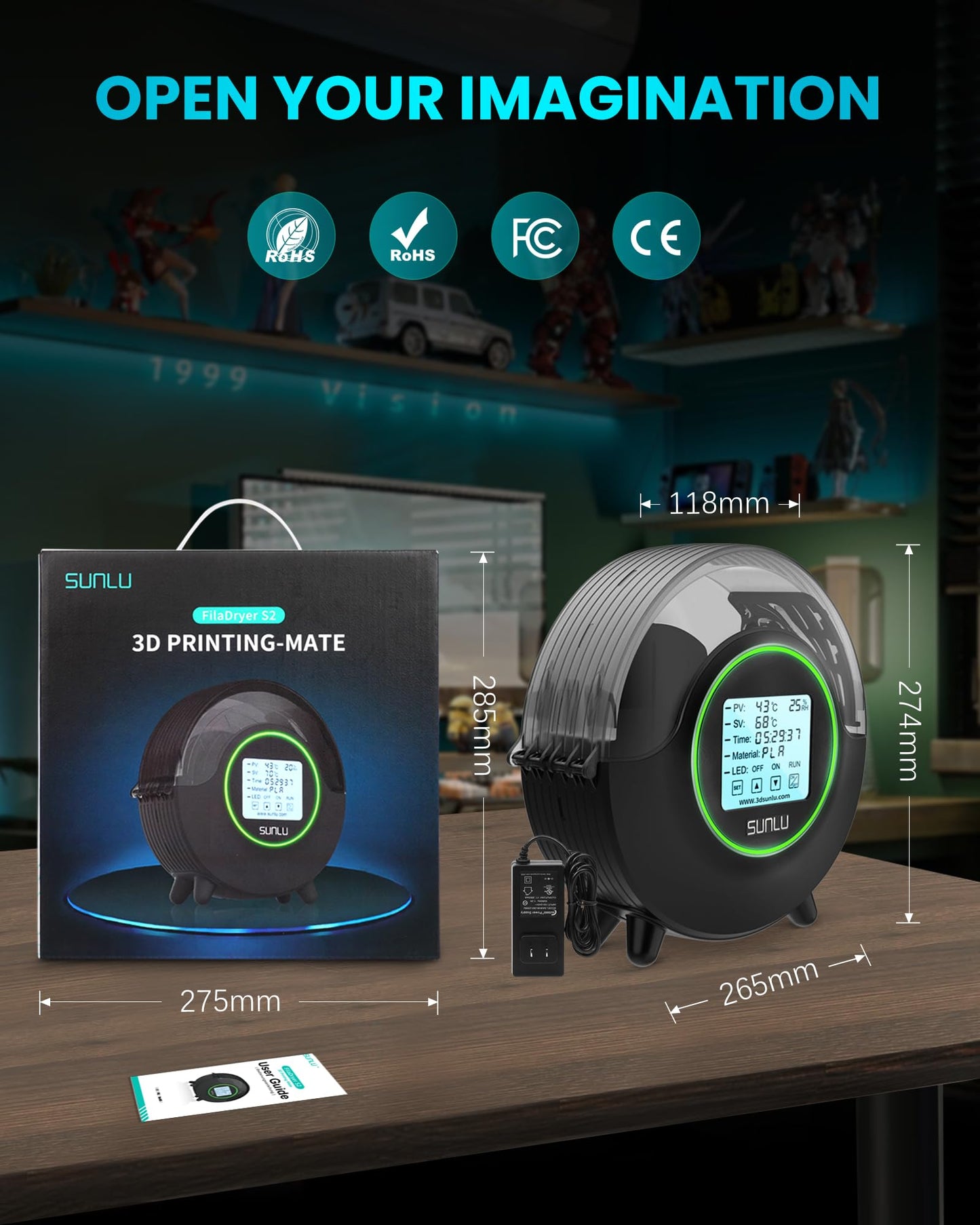 SUNLU Official Filament Dryer S2, Upgraded 3D Filament Dryer with 360°Heating Fan, Filament Dehydrator, One-Key Set with 4.6" Touch Sreen, Compatible with 1.75 2.85 3.00mm PLA PETG ABS Filament, Black