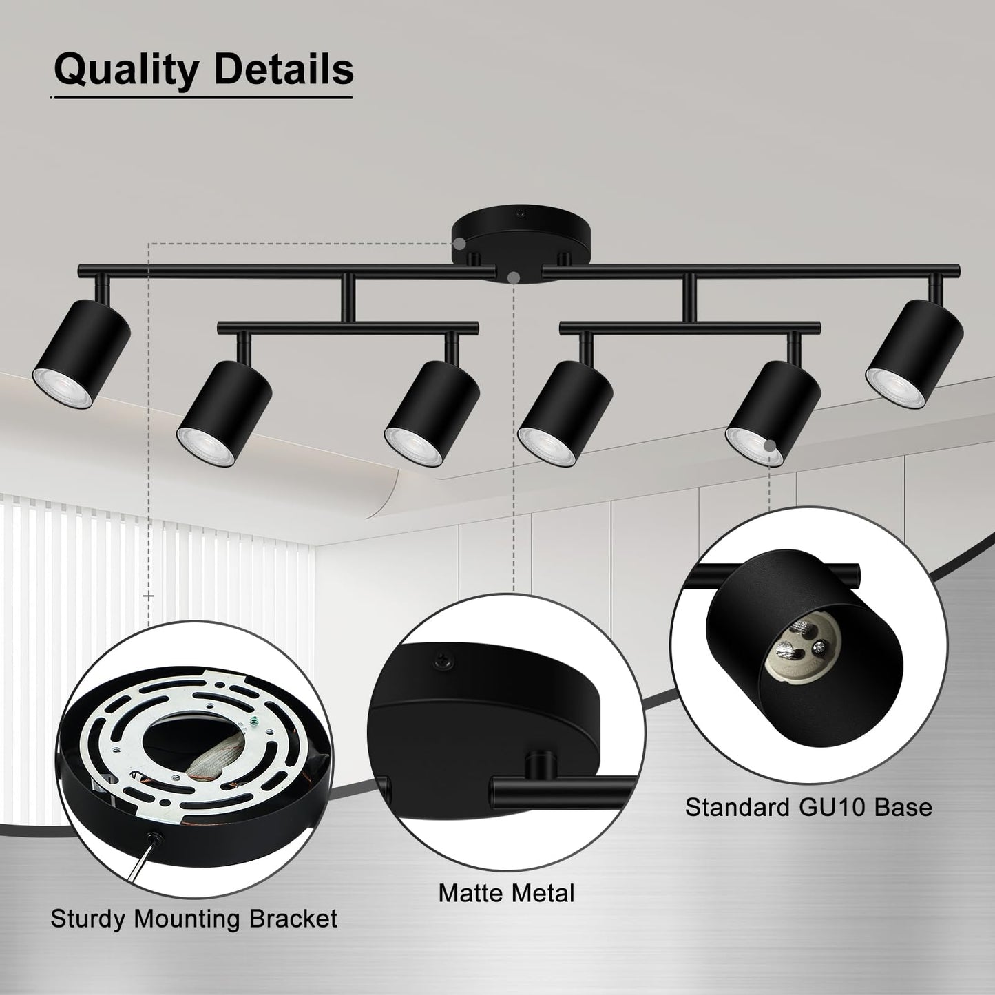 AUQUEE 6 Light Track Lighting Fixtures Ceiling, Matte Black Kichen Track Lighting Fixtures with Rotatable Light Heads, Upgrade Light Poles, Modern LED Sopt Lights for Kitchen/Hallway, No GU10 Bulb