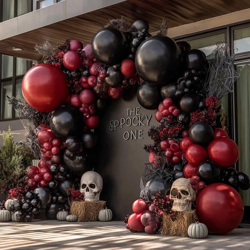 Black Red Balloon Arch Double Stuffed Black Burgundy Maroon Balloons Dark Ruby Red Metallic Balloon Garland Kit for Birthday Wedding Halloween Casino Anniversary Graduation Party Decoration